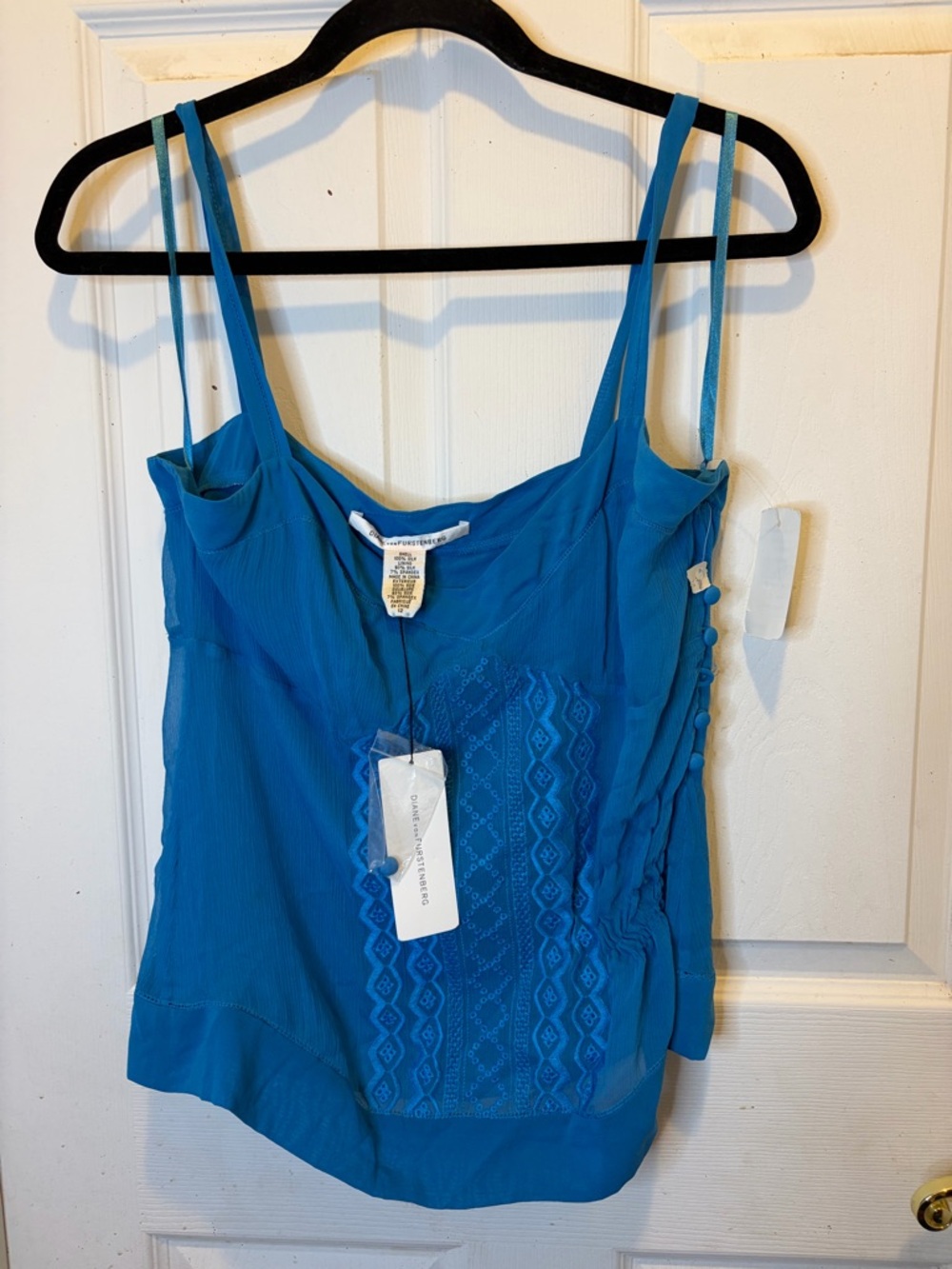Diane Von Furstenberg Peacock Blue Embroidered Silk Camisole